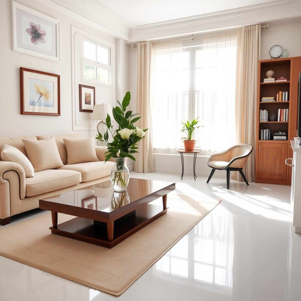 A beautifully clean and tidy living room, showcasing immaculate organization and cleanliness
