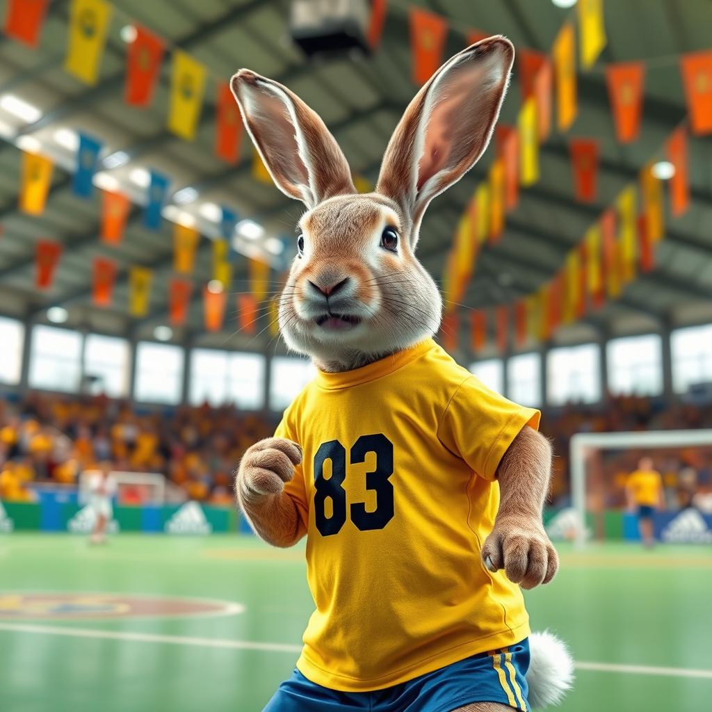 A realistic photomontage of a rabbit wearing a yellow t-shirt and blue shorts, representing a futsal player with the number 83 on the shirt