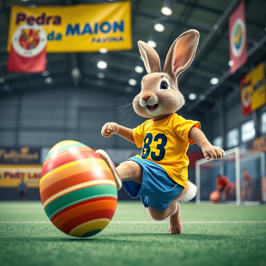 A realistic photomontage of a cute rabbit wearing a bright yellow t-shirt with the number 83 printed on it, paired with blue shorts