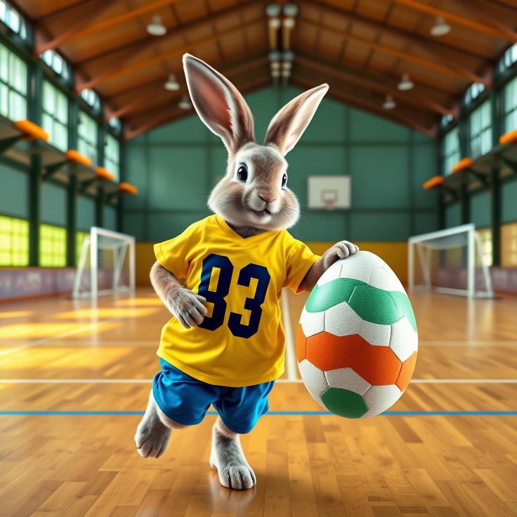 A realistic photomontage of a rabbit wearing a yellow t-shirt and blue shorts, representing a futsal player with the number 83 on the shirt