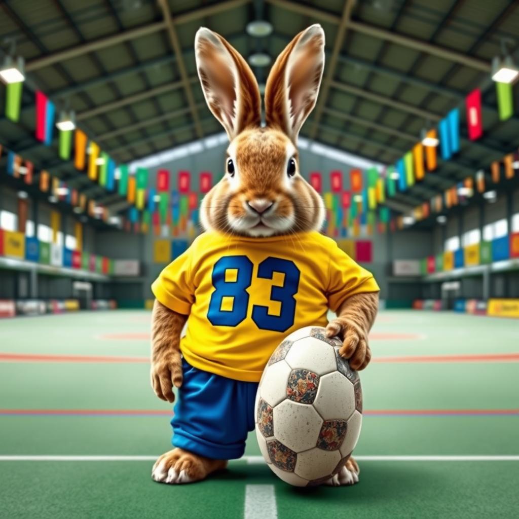 A realistic photo montage of a rabbit wearing a yellow t-shirt and blue shorts, resembling a futsal player with the number 83 on the shirt