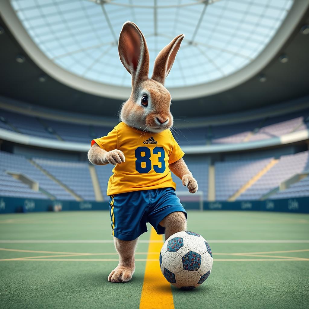 A realistic photo montage of a rabbit wearing a yellow t-shirt and blue shorts, resembling a futsal player with the number 83 on the shirt
