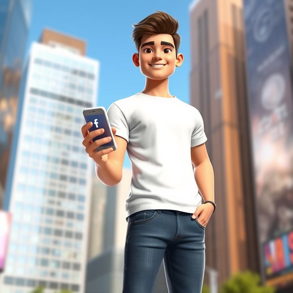 A 3D image of a confident young man standing with a slight smile, holding a smartphone with the Facebook app visible on the screen