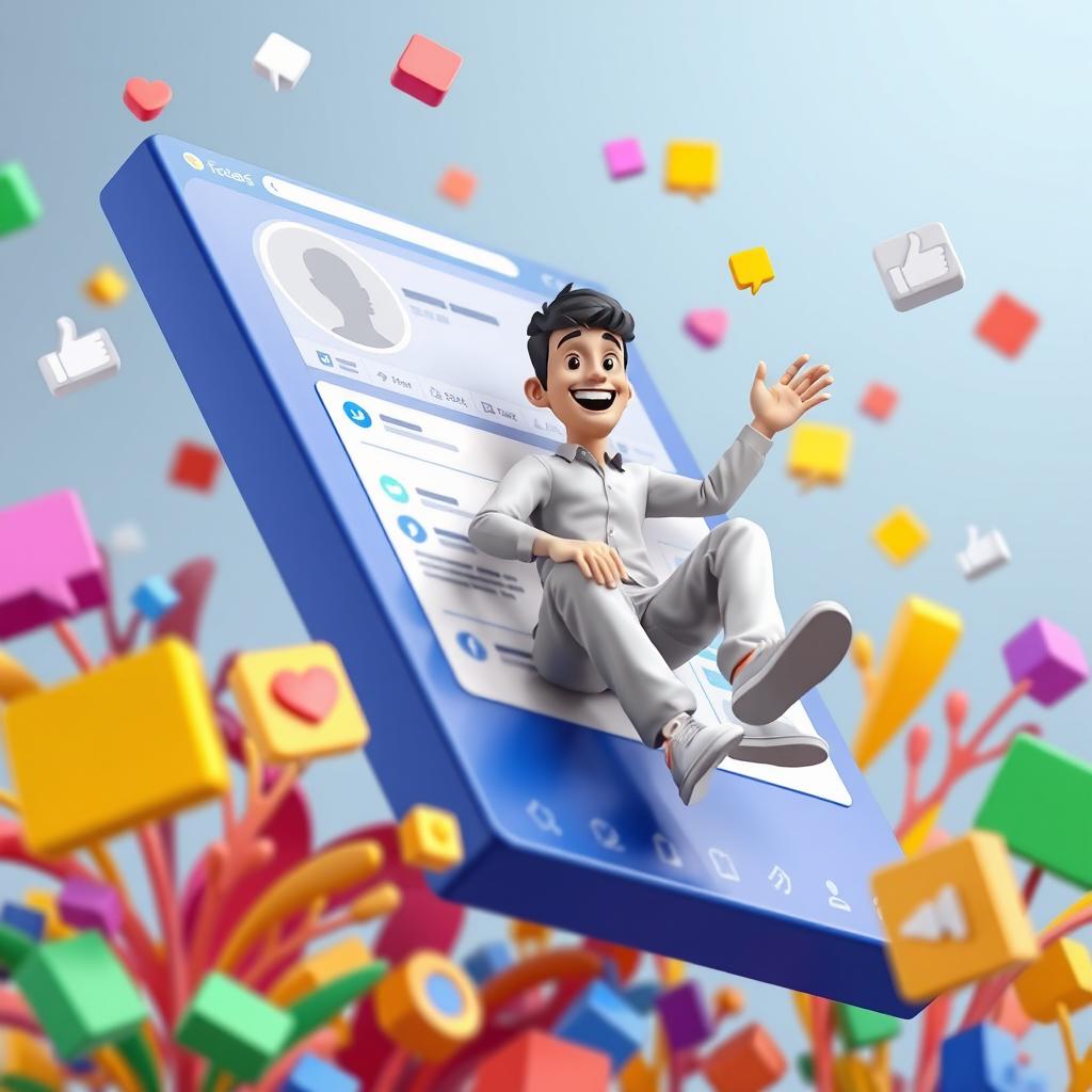 A 3D illustration of a stylized man sitting humorously on a large Facebook profile page, with colorful social media icons and a vibrant background