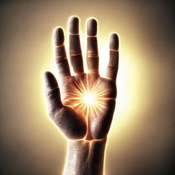 A virtual hand, detailed and realistic, reaching out for a high five, backlighted by a brilliant light emitting positive energy.