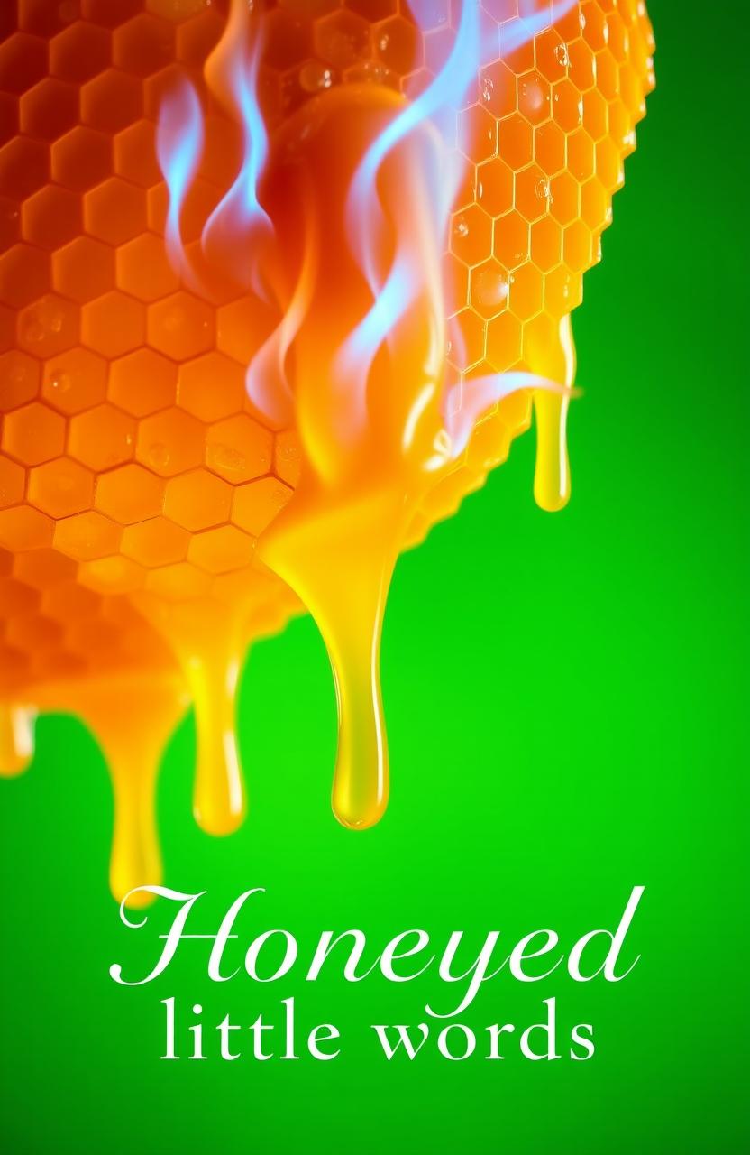A vibrant green background featuring a large honeycomb structure that has golden yellow honey dripping from its cells