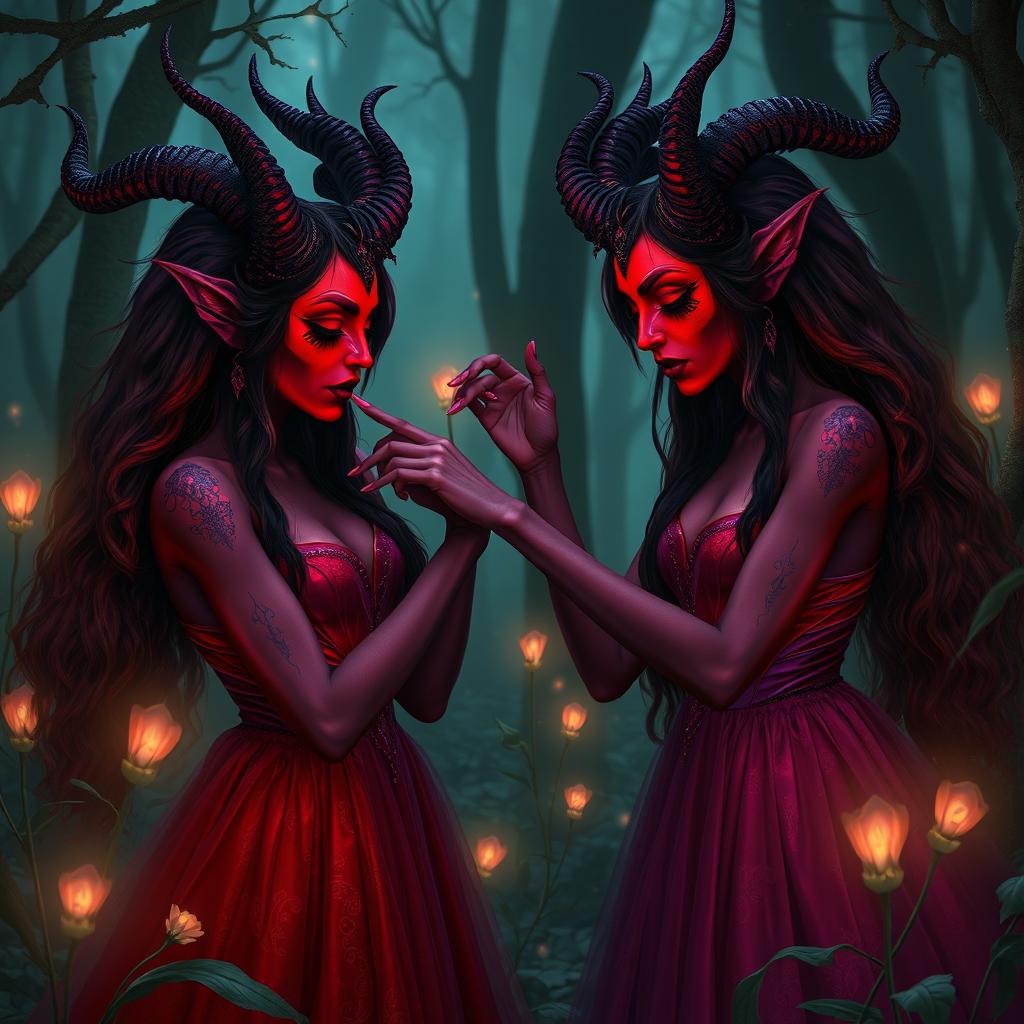 Two identical demon queens with vibrant, dark features, long flowing hair, and intricate horned crowns, playfully engaged in a surreal and whimsical scene where they are gently nibbling on each other's arms in a fantastical, enchanted forest