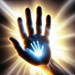 A virtual hand, detailed and realistic, reaching out for a high five, backlighted by a brilliant light emitting positive energy.