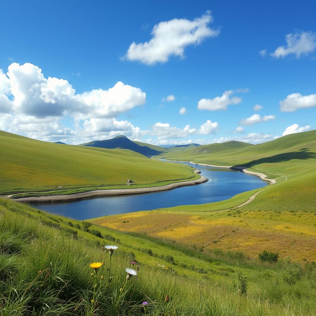 A realistic representation of the uploaded image featuring a serene landscape with rolling hills, vibrant green grass, and a clear blue sky dotted with fluffy white clouds