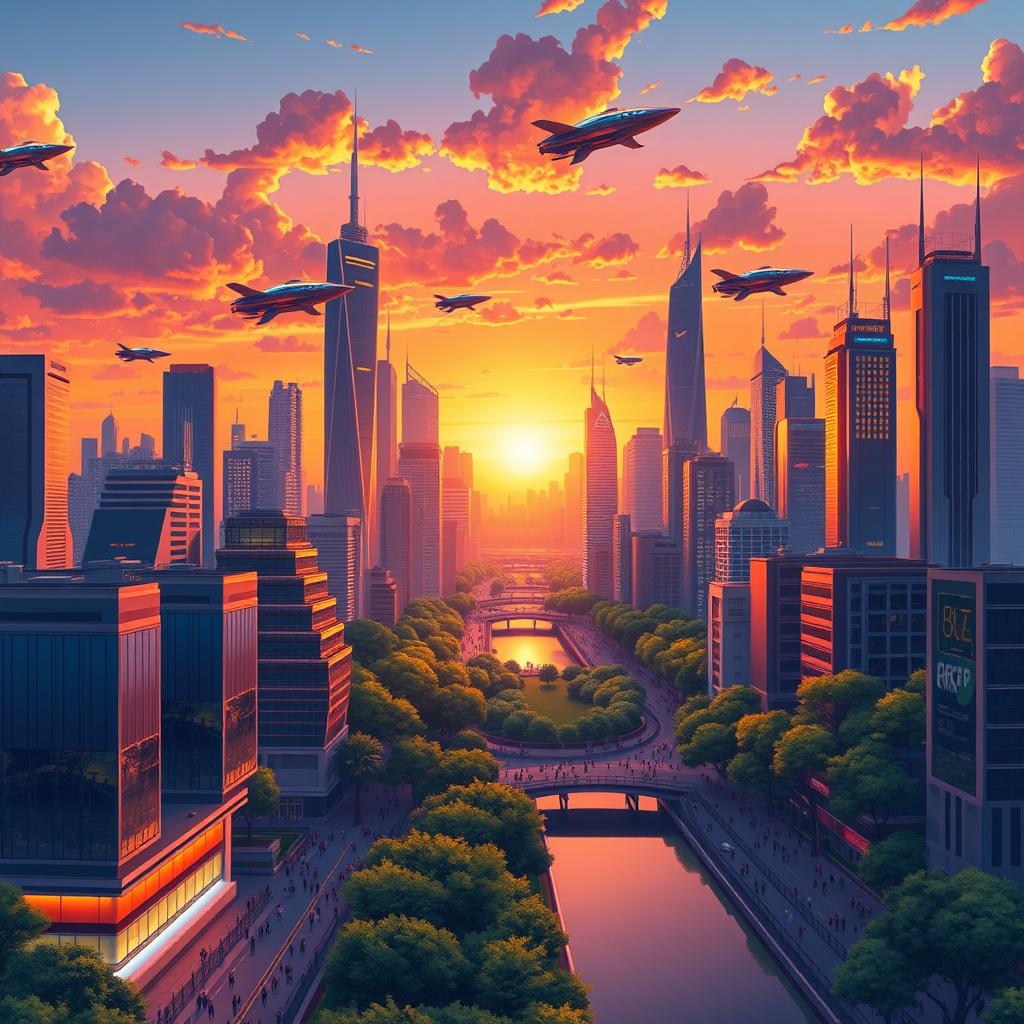 A highly detailed and vibrant vector illustration featuring a futuristic city skyline at sunset