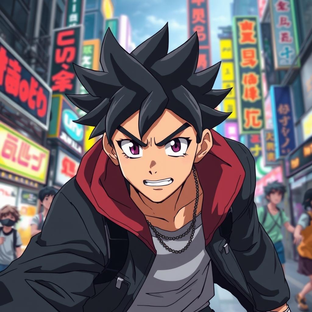 A high-energy anime scene featuring a stylized character with distinct facial hair, showcasing a vibrant backdrop with colorful city lights