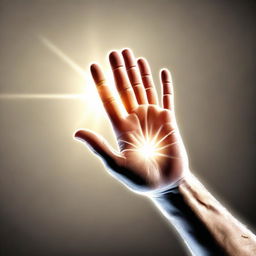 A virtual hand, detailed and realistic, reaching out for a high five, backlighted by a brilliant light emitting positive energy.