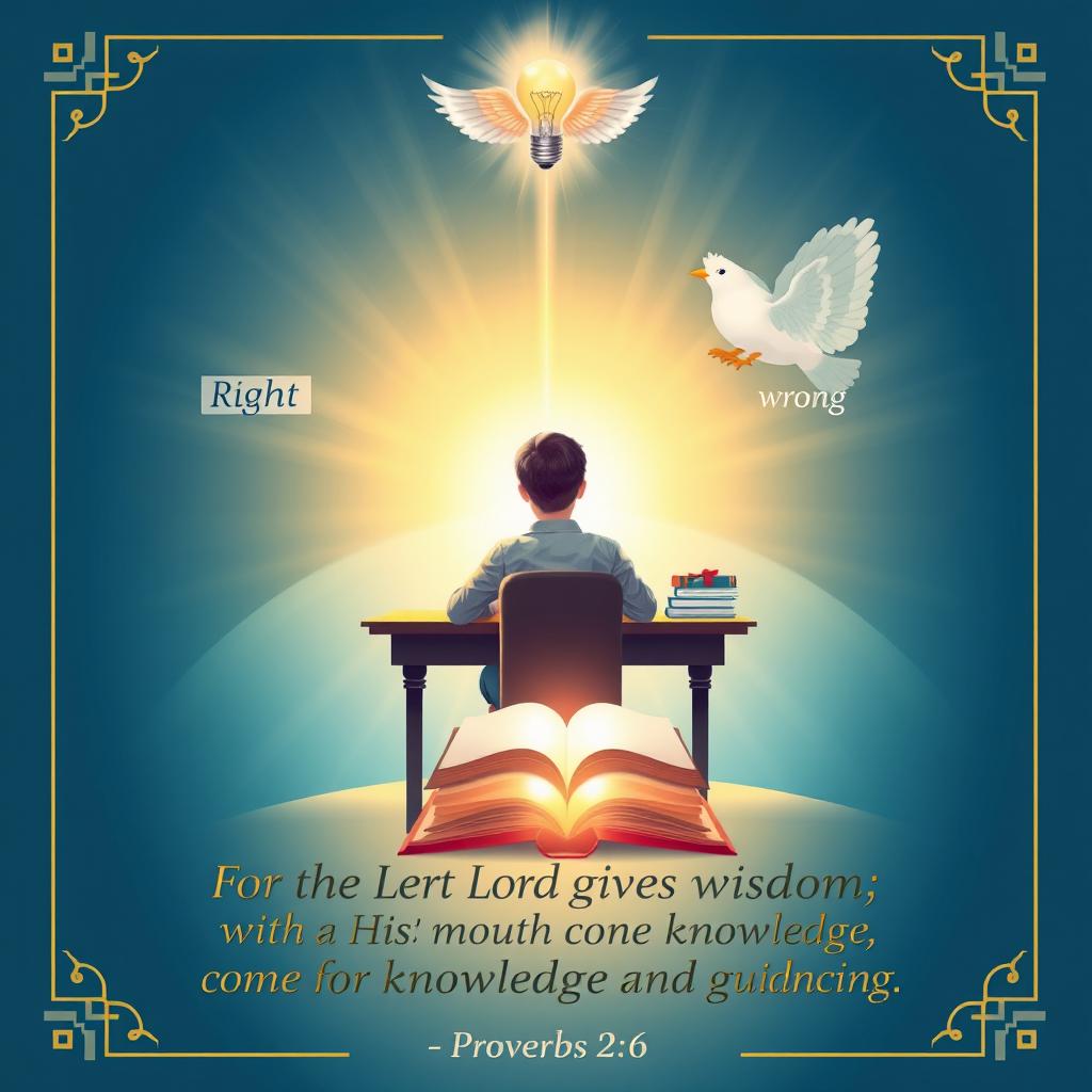 A visually striking poster depicting a student sitting at a desk with an open book, surrounded by a radiant glow that symbolizes divine guidance