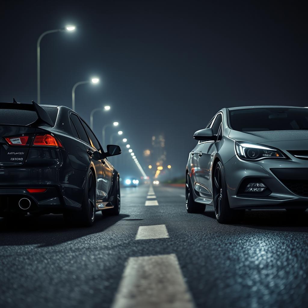 Hyper-Realistic Night Scene: Mitsubishi Lancer vs. Opel Astra K