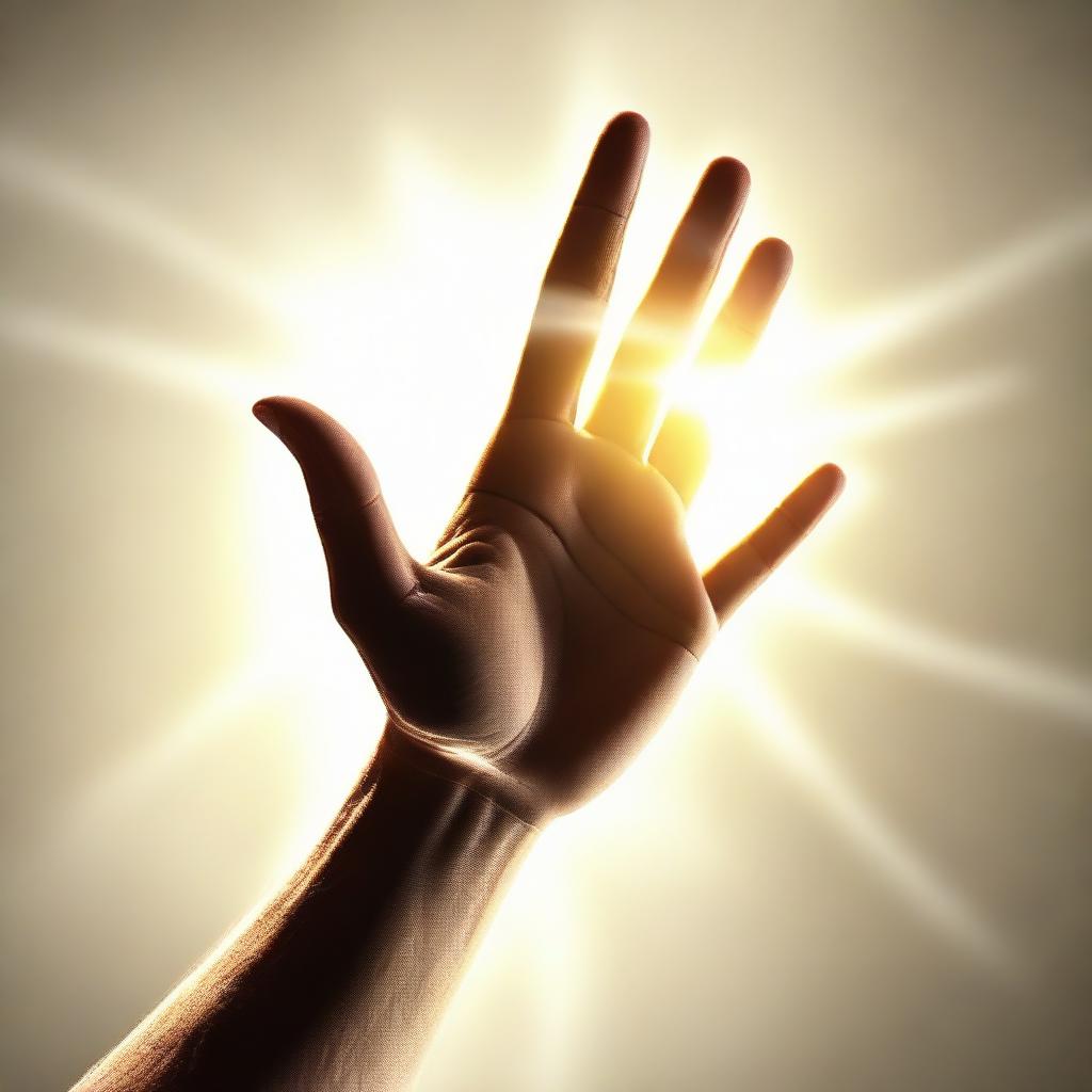 A virtual hand, detailed and realistic, reaching out for a high five, backlighted by a brilliant light emitting positive energy.