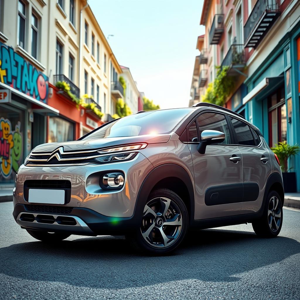 A Citroen C3 in a vibrant city environment, showcasing its unique design with a sleek body, innovative headlights, and stylish alloy wheels