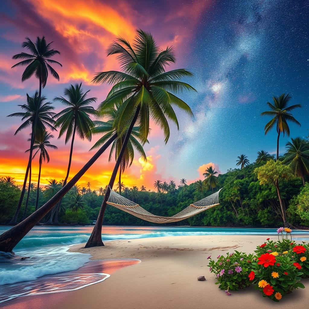 A surreal landscape that combines elements from both images: the vivid colors and textures of a tropical beach scene with gentle waves lapping at the shore, blended seamlessly with a forest of towering trees and lush greenery