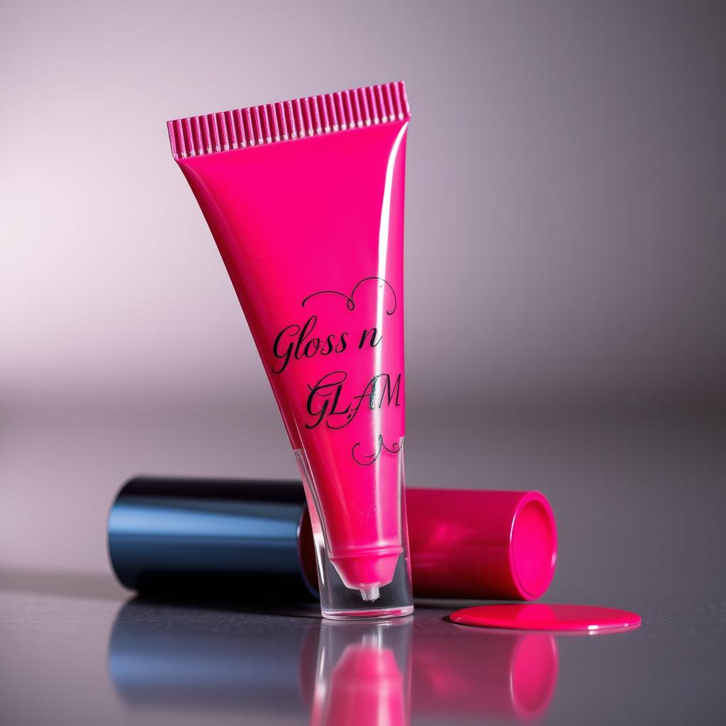 A vibrant, eye-catching lip gloss tube prominently featuring the brand name 'Gloss n GLAM' elegantly displayed on the front
