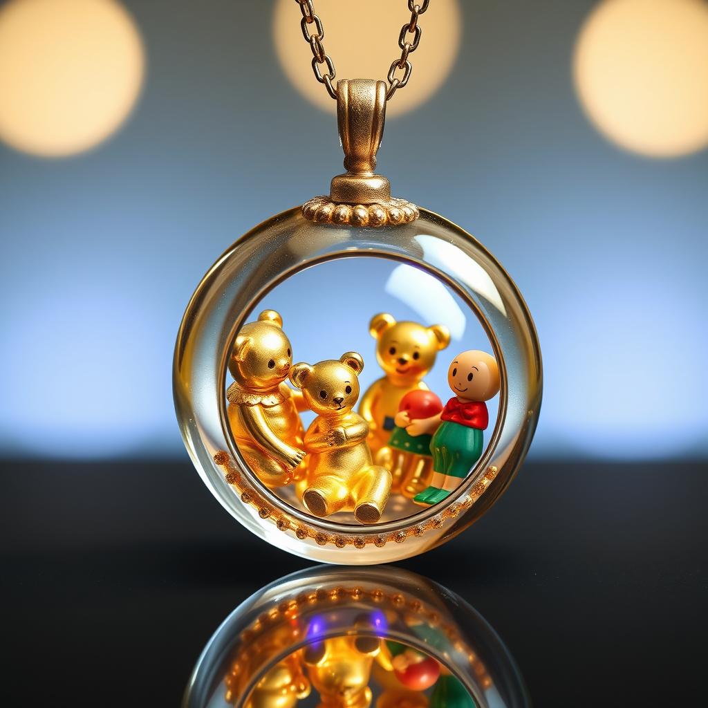 A beautifully crafted glass necklace that elegantly opens, revealing intricate compartments inside filled with shimmering pieces of gold and vibrant enamel