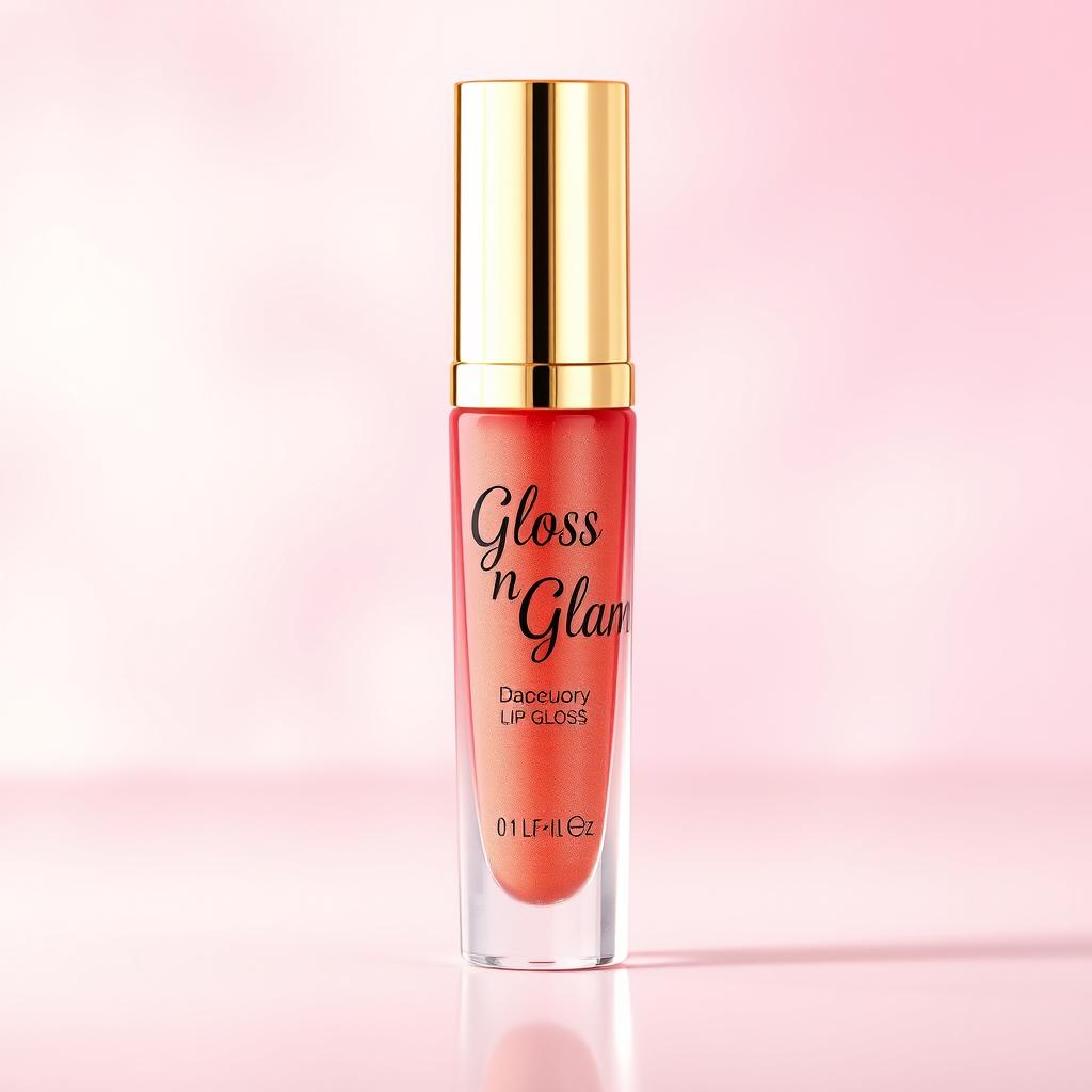A beautifully designed lip gloss tube with the brand name 'Gloss n Glam' prominently displayed on the label
