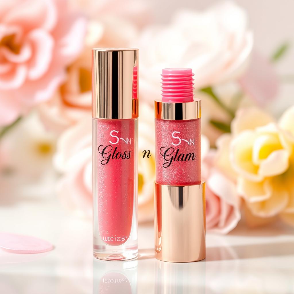 An aesthetically pleasing image of a lip gloss tube featuring the brand name 'Gloss n Glam' in elegant script on the label