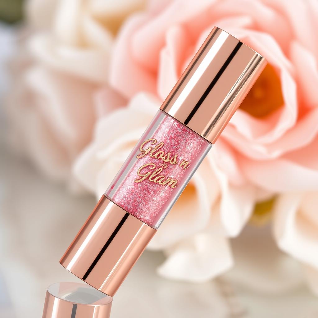 An exquisite lip gloss tube with the brand 'Gloss n Glam' elegantly printed on its label in shimmering gold script
