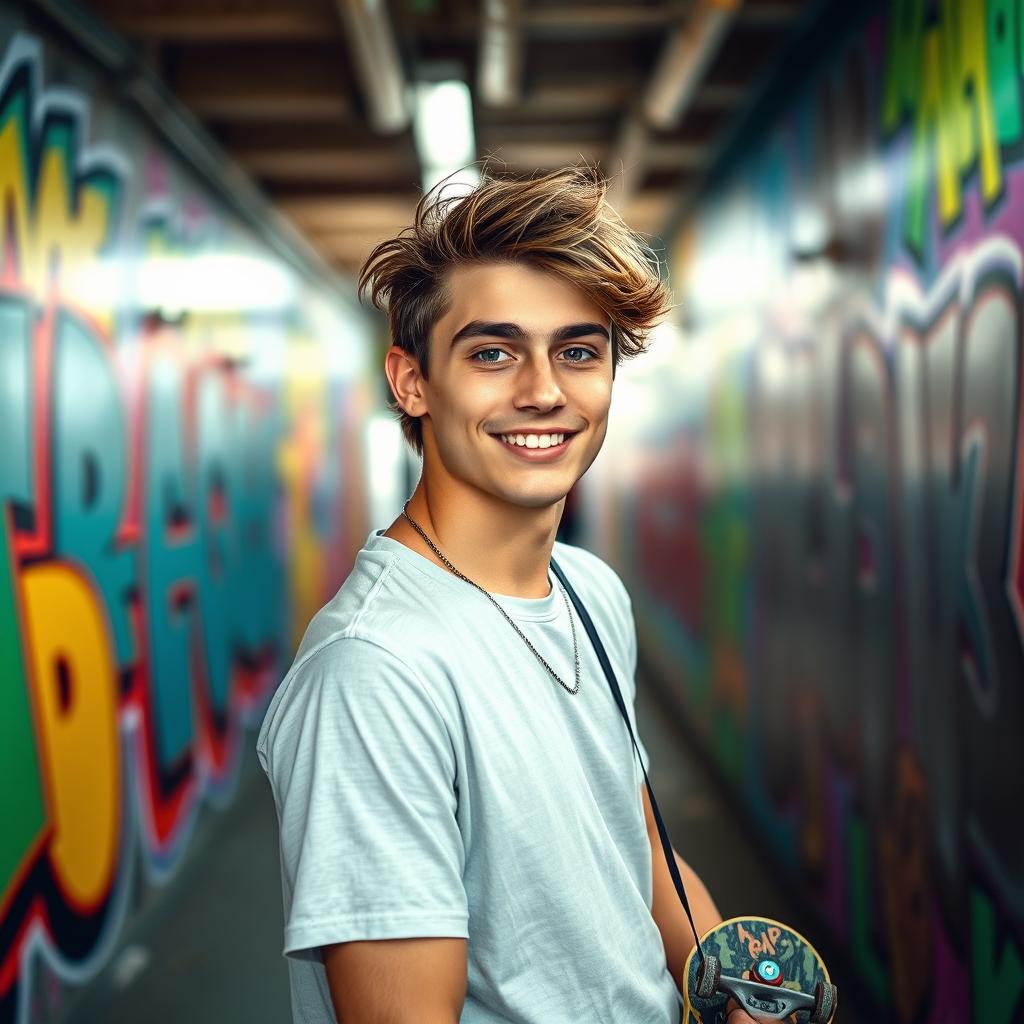 A young adult male aged 20-25, with an athletic build and stylish hair, wearing casual streetwear