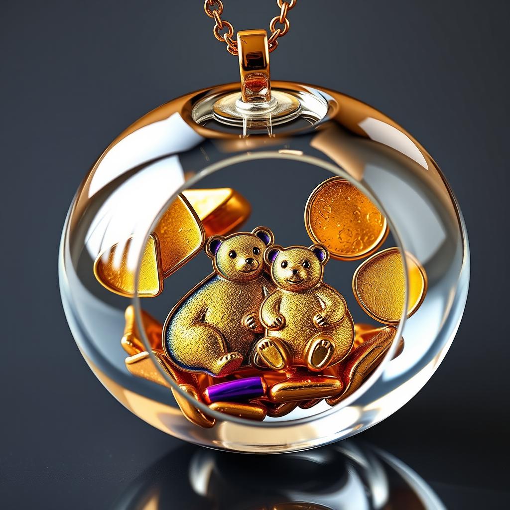 A beautifully crafted glass necklace that elegantly opens, revealing intricate compartments filled with shimmering pieces of gold and vibrant enamel