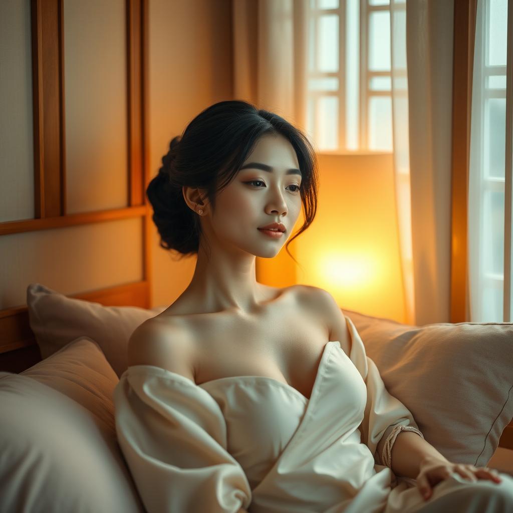 A serene scene featuring an elegant Chinese woman in a private, tastefully decorated room with calming colors
