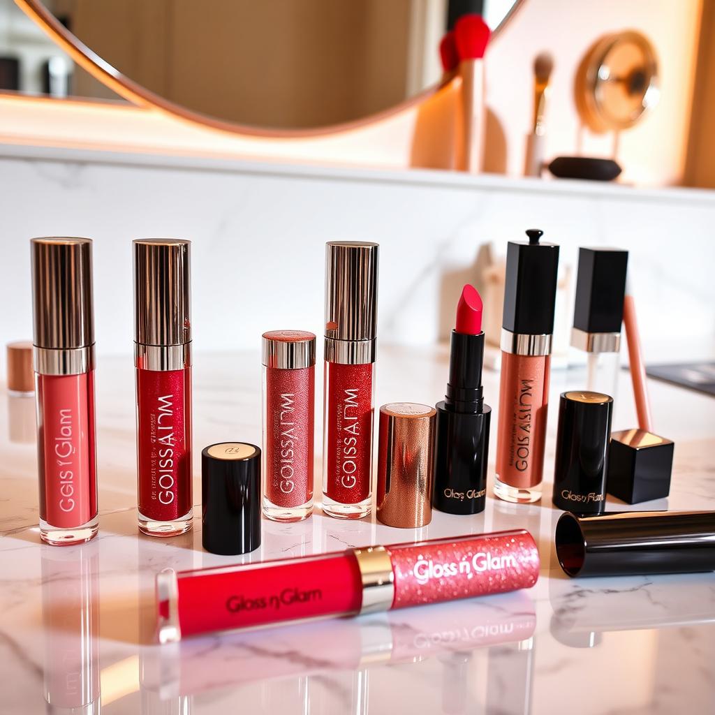 A stylish and elegant display of lip gloss products from the brand 'Gloss n Glam'