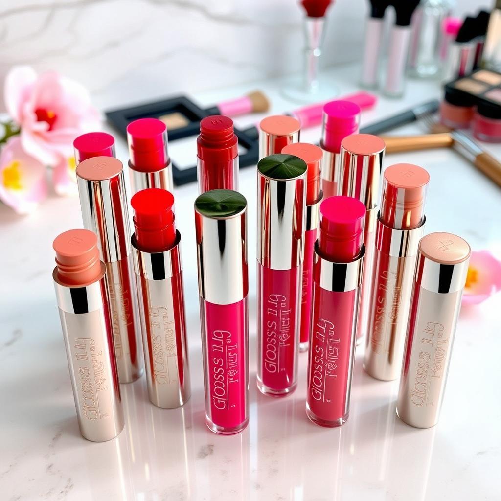 A beautiful arrangement of lip gloss products from the brand 'Gloss n Glam'