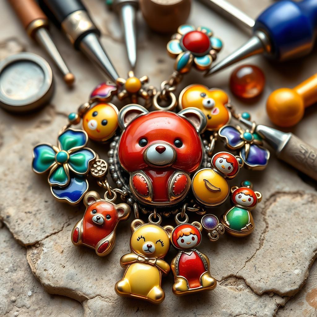 An exquisite piece of jewelry showcasing the art of enameling, featuring intricately designed shapes that glisten with vibrant colors