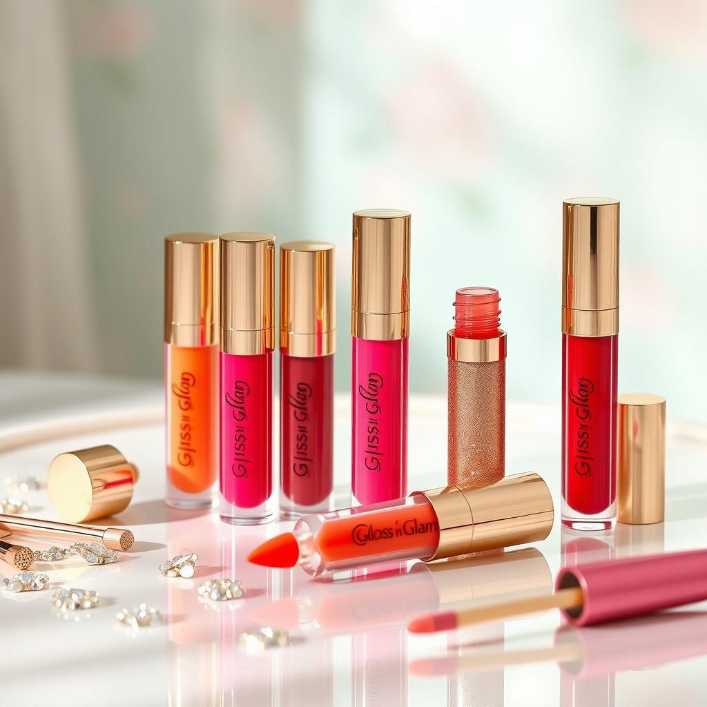 An eye-catching display of lip glosses from the brand 'Gloss n Glam', featuring an assortment of vibrant and stylish gloss tubes