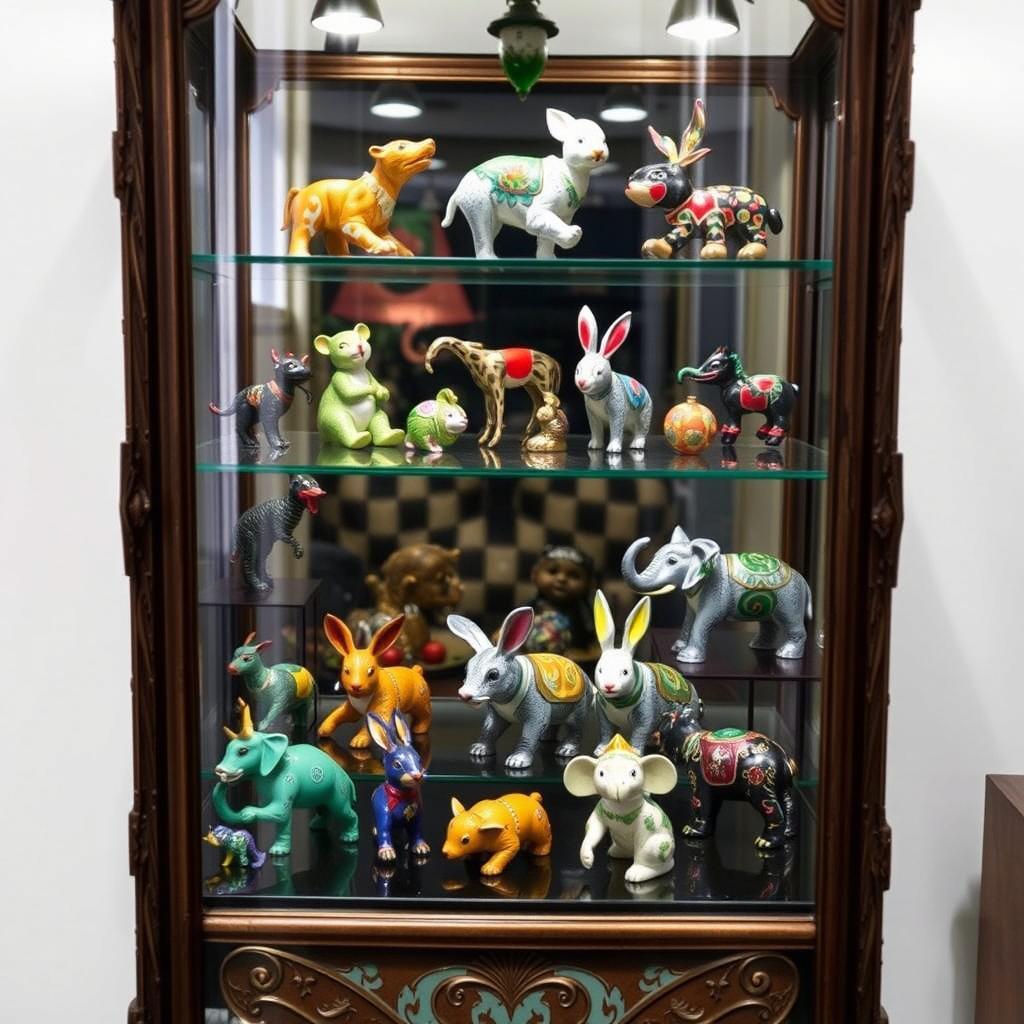A stunning collection of enameled pieces depicting various animal figures elegantly arranged inside a decorative glass display case