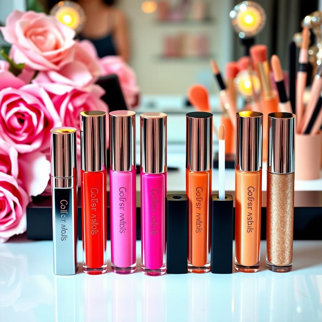 A vibrant and chic display of lip glosses from the brand 'Gloss n Glam', arranged on a stylish vanity