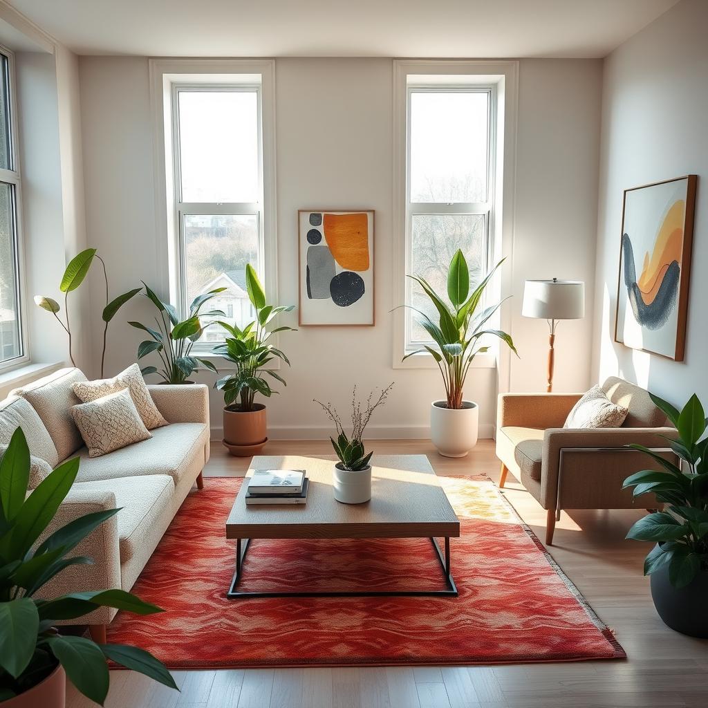 A beautifully redesigned living room, featuring a cozy, modern aesthetic