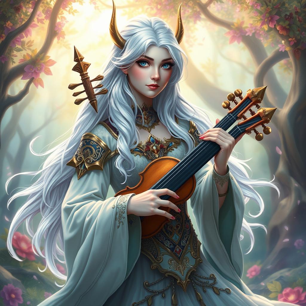 A stunning Aasimar bard with striking white hair and enchanting blue eyes, elegantly holding a viol