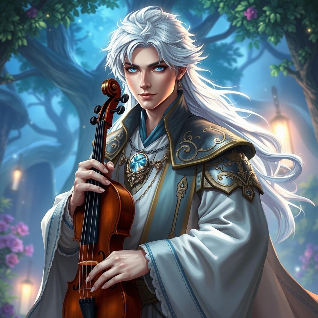 A captivating male Aasimar bard with striking white hair and enchanting blue eyes, elegantly holding a viol