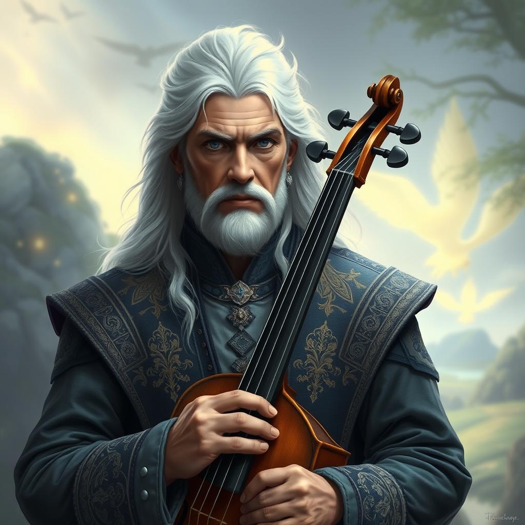 A distinguished middle-aged male Aasimar bard with striking white hair and expressive blue eyes, gracefully holding a viol