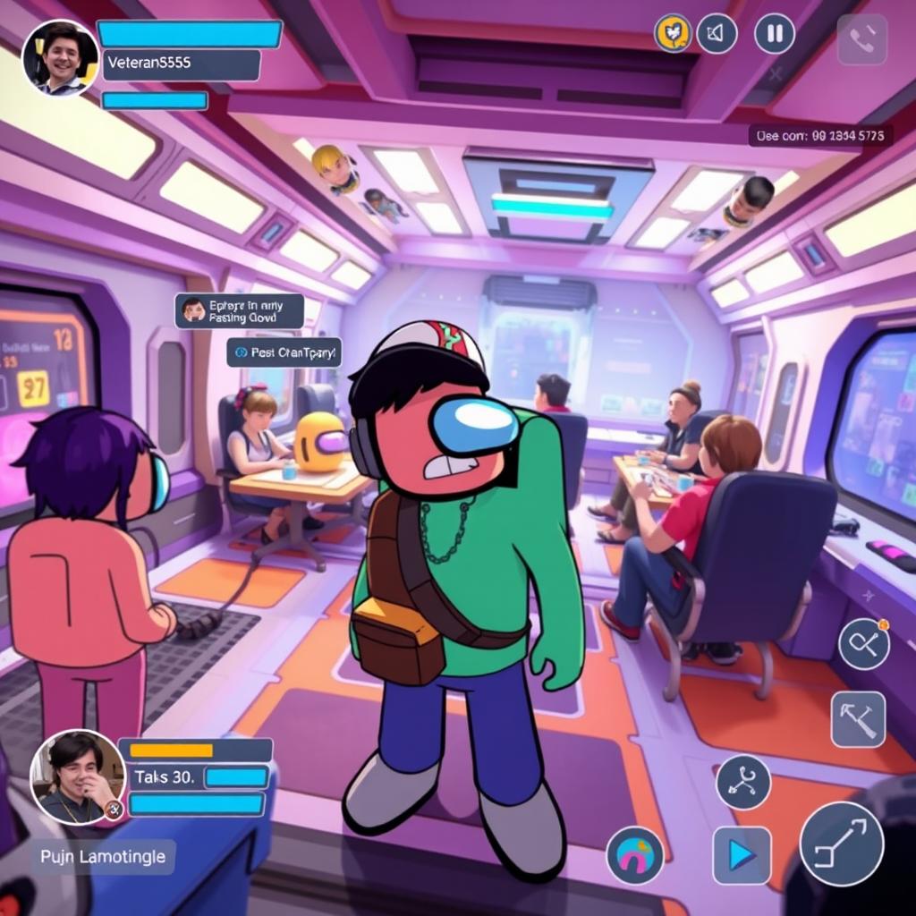 An energetic and engaging scene showcasing gameplay from the popular game 'Among Us' featuring the YouTuber Veteran555
