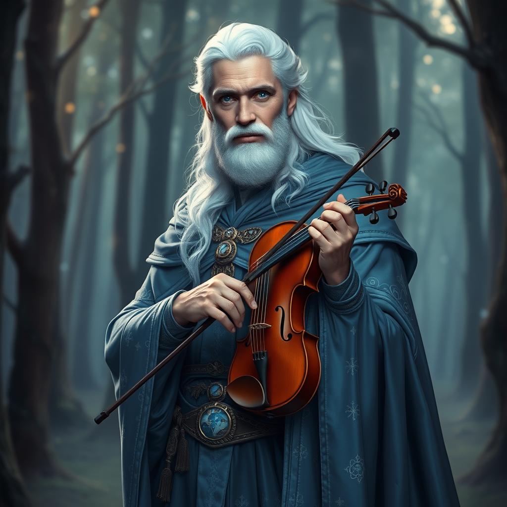 A Middle-Aged Male Aasimar Bard with a violin, featuring striking white hair and vibrant blue eyes