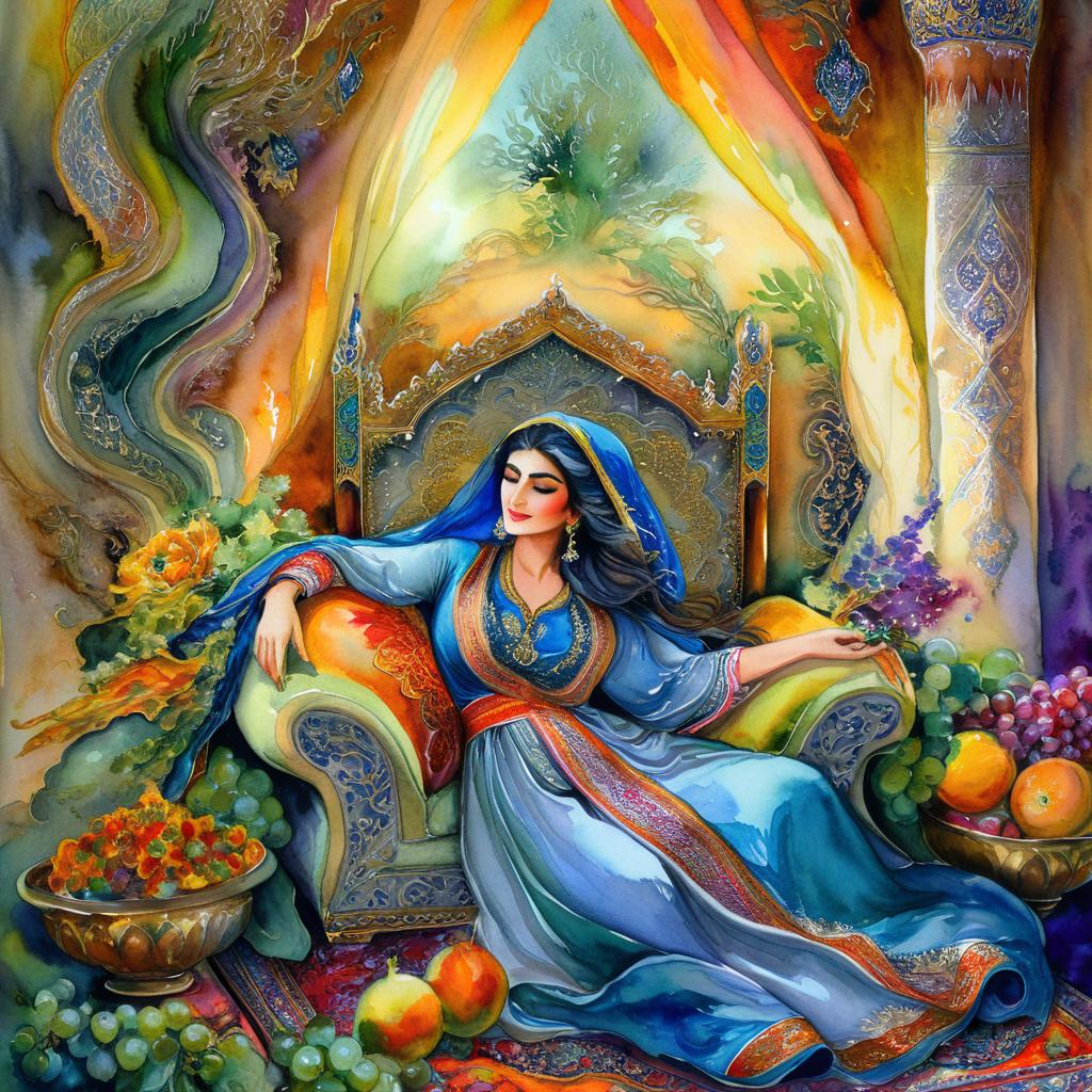 Mystical and spiritual watercolor painting of a beautiful Iranian woman reclining on a royal throne inside a beautiful Iranian house with shiny and colorful silk carpets, fruit and grape dishes, traditional vases, and colorful flowers.