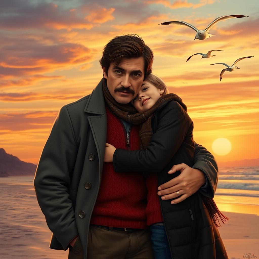 A realistic scene depicting a man with a distinguished mustache, dressed in a vintage gray jacket, tenderly hugging a young boy