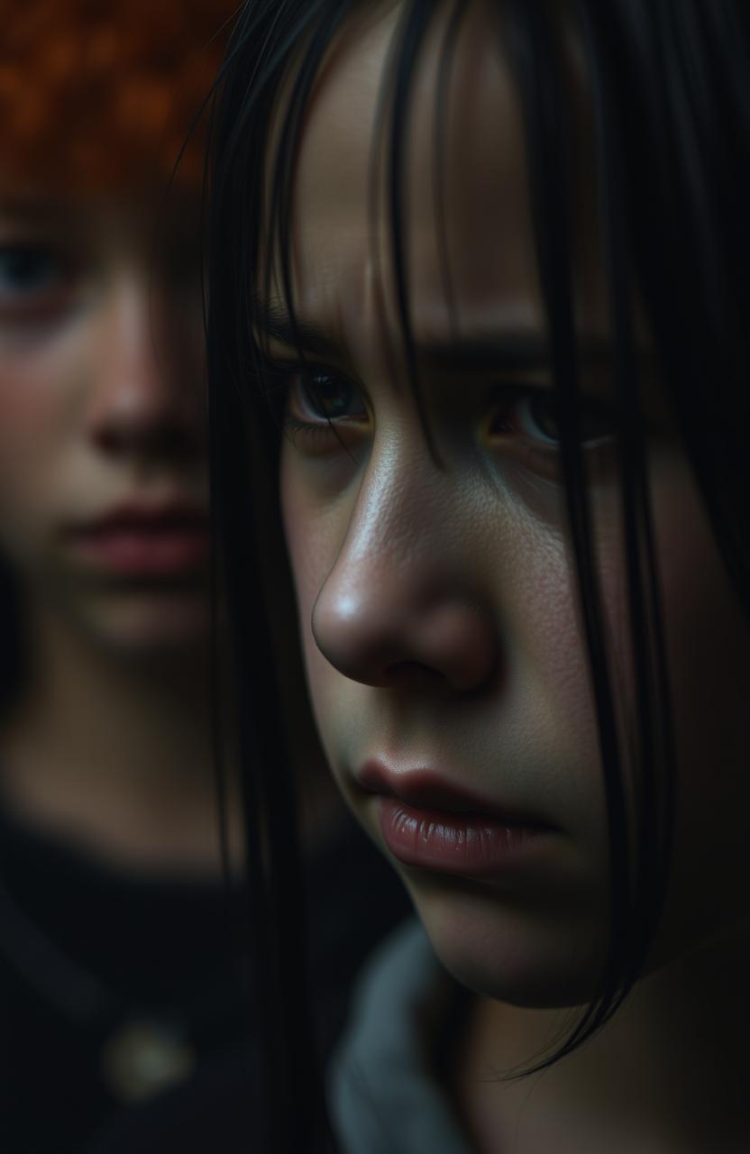 A close-up portrait of a girl with dark brown eyes, her face displaying sadness as she cries