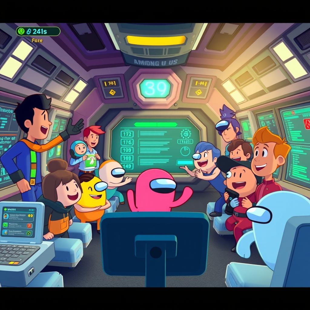 An exciting animated scene that captures gameplay from 'Among Us' designed for a YouTube video