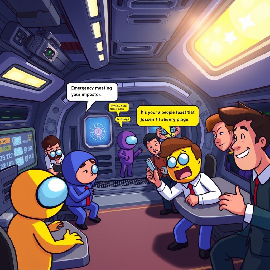 An entertaining animated scene depicting gameplay from 'Among Us' with a focus on the dynamics of crewmates and impostors