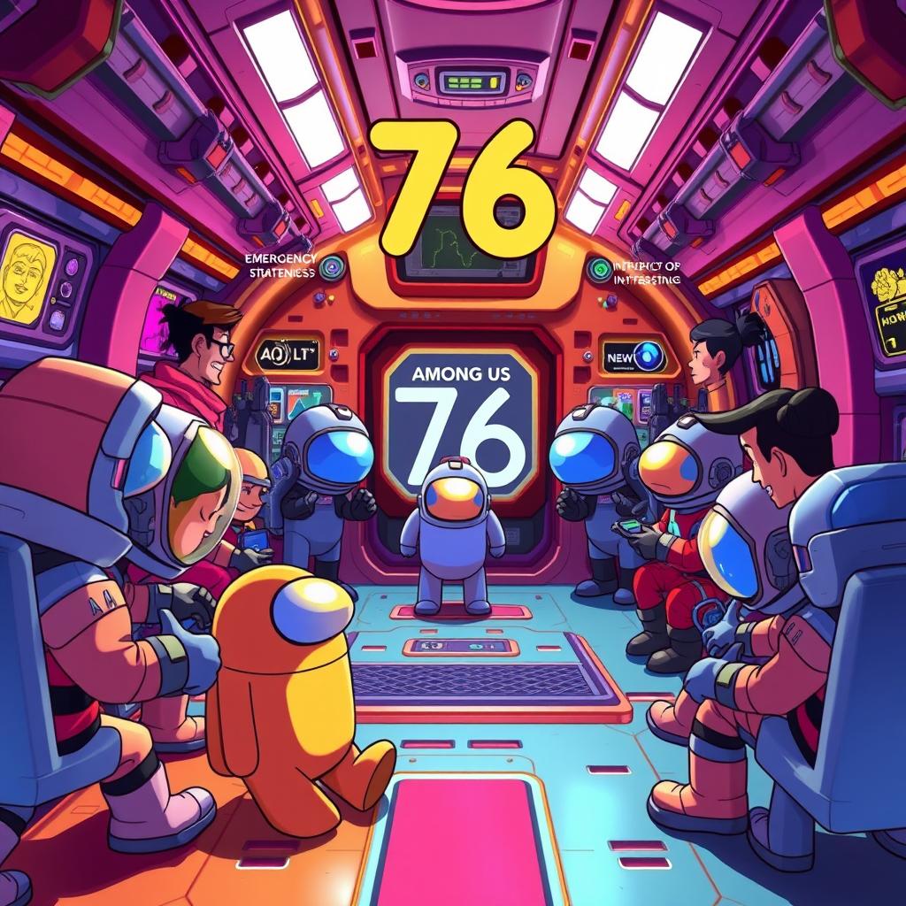 An engaging animated scene capturing gameplay from 'Among Us' focused on the number 76, featuring vibrant characters in their iconic spacesuits interacting within a colorful spaceship