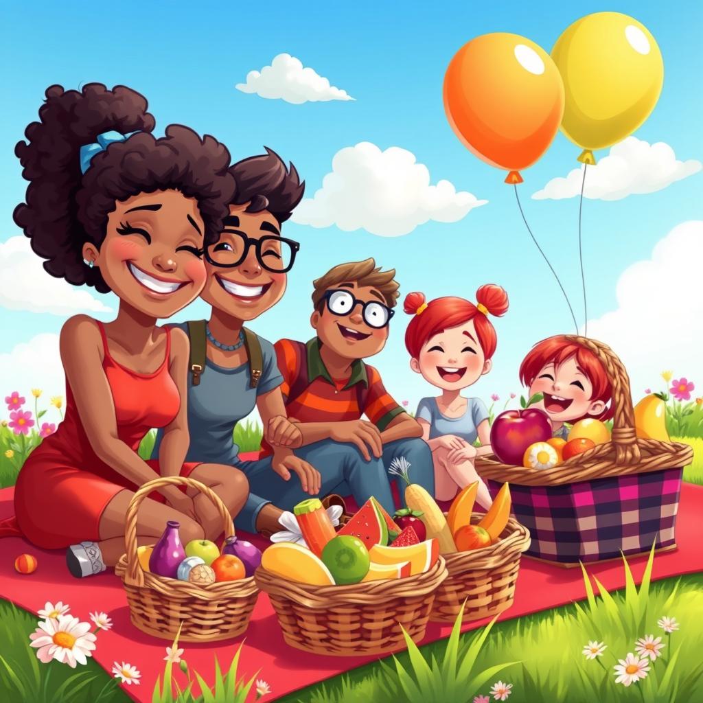 A vibrant cartoon style scene featuring a playful outdoor picnic on a sunny day