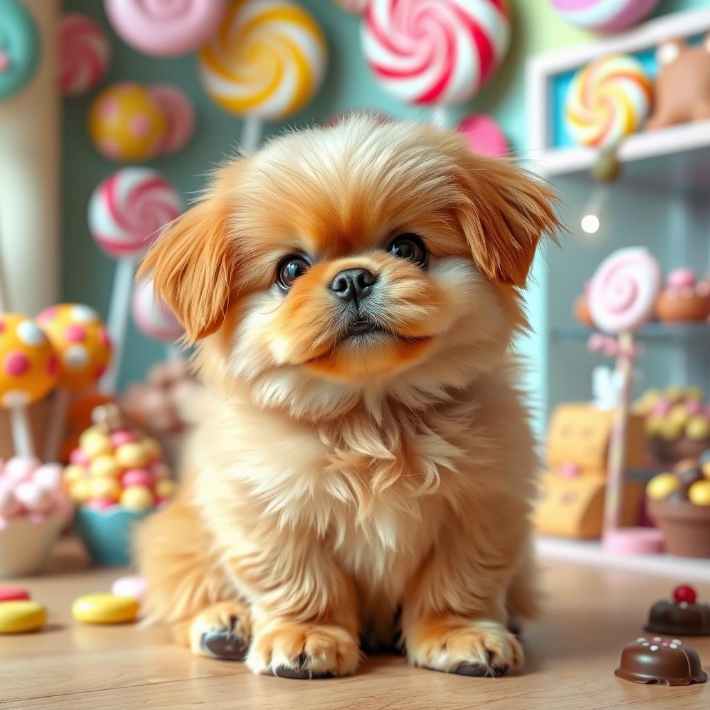 A cute caramel-colored Pekingese dog with a body resembling a plush candy or a soft bonbon, sitting in a playful pose
