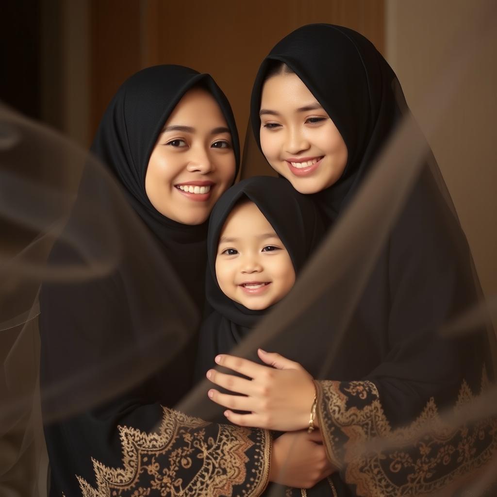 A graceful mother wearing a black hijab with intricate gold lace detailing at the bottom of her garment and on the sleeves